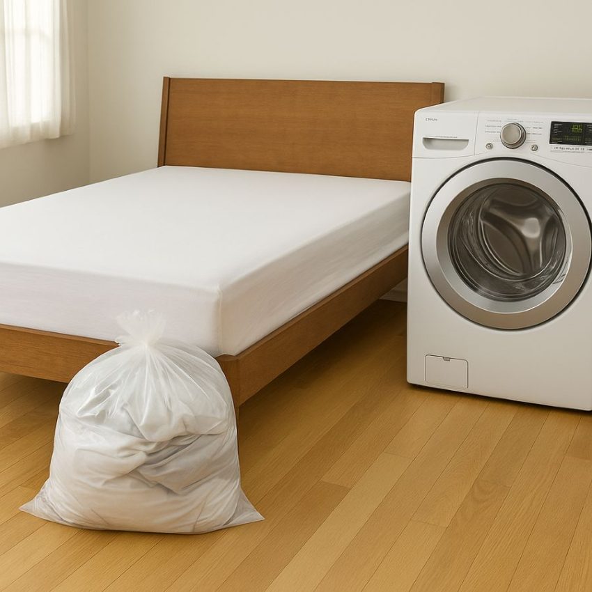 Room prep for bed bug treatment: bagging linens and running a hot dryer cycle for 30 minutes