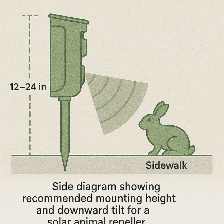 Side diagram showing recommended mounting height and downward tilt for a solar animal repeller