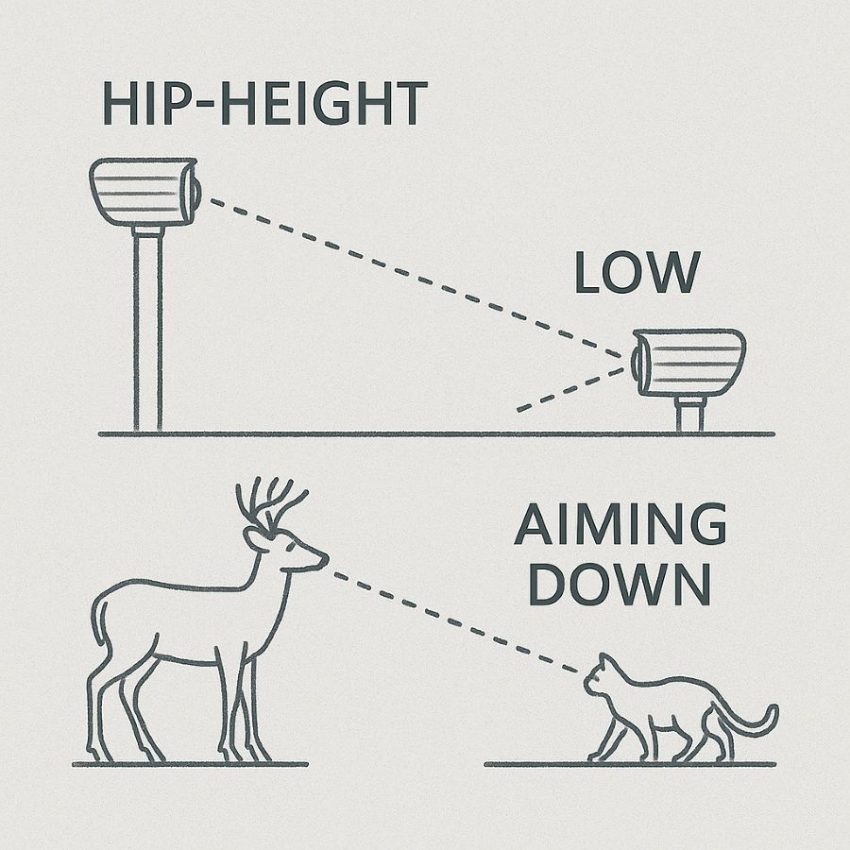 Side profile showing low aiming for cats and skunks, and hip-height aiming for deer.