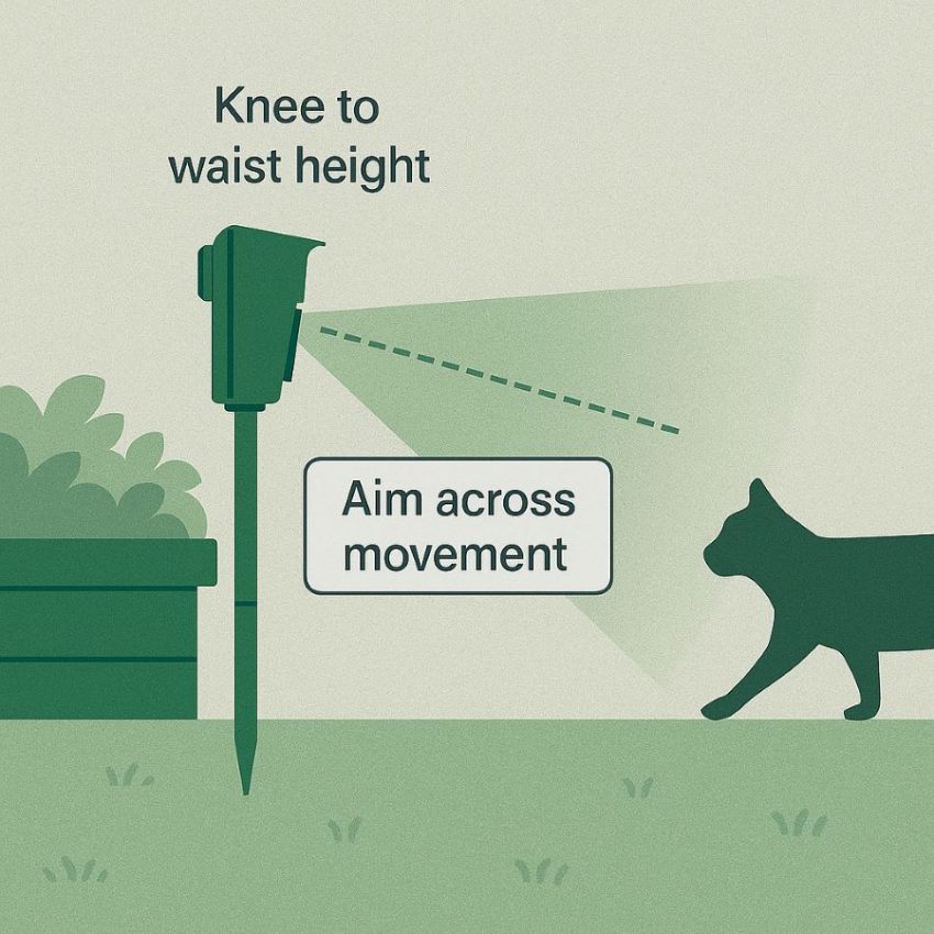 Side view showing repeller head at knee to waist height and angled across the animal’s approach for better PIR detection