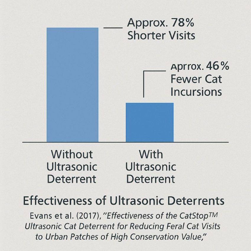 Simple chart referencing a peer-reviewed study reporting about 46 percent fewer cat incursions and about 78 percent shorter visits