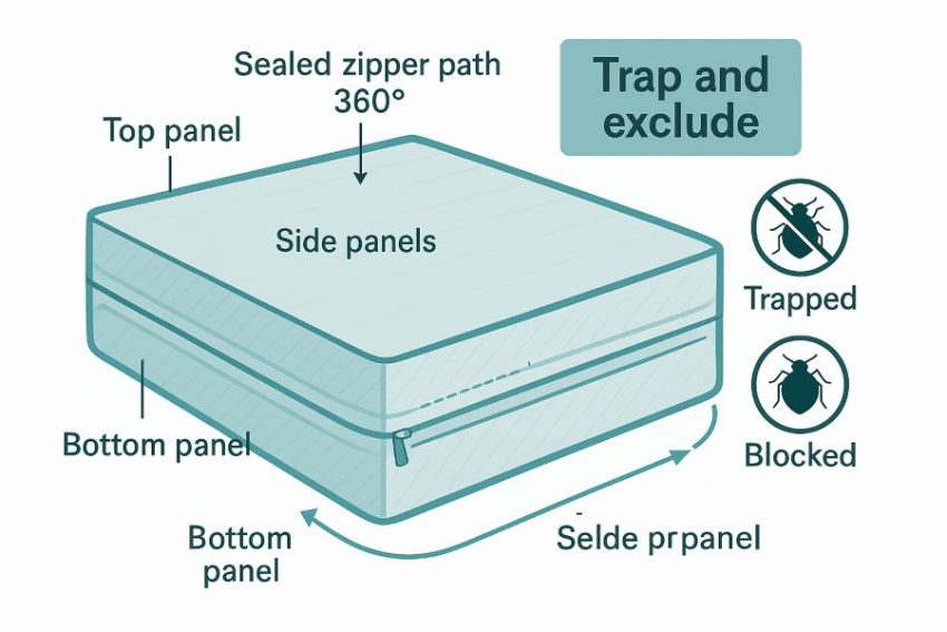 Six-sided encasement with 360 degree zipper that traps existing bugs and blocks new ones