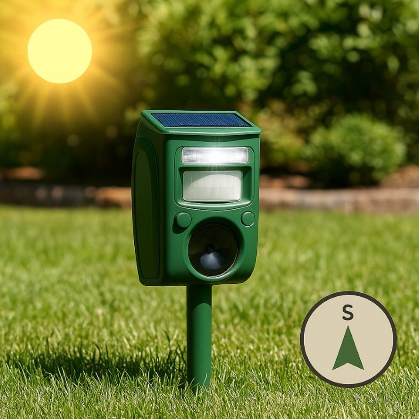 Solar repeller positioned with panel facing midday sun for charging, compass overlay pointing south