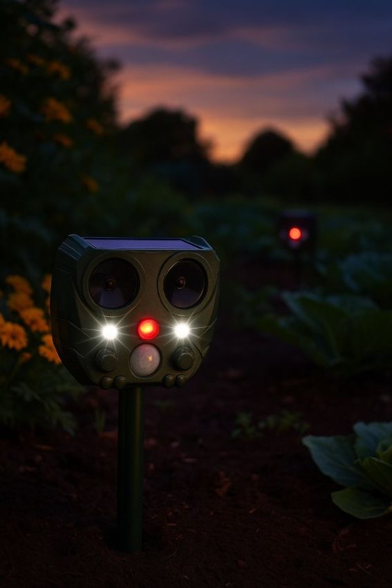 Solar ultrasonic animal repeller flashing at dusk to protect a vegetable bed