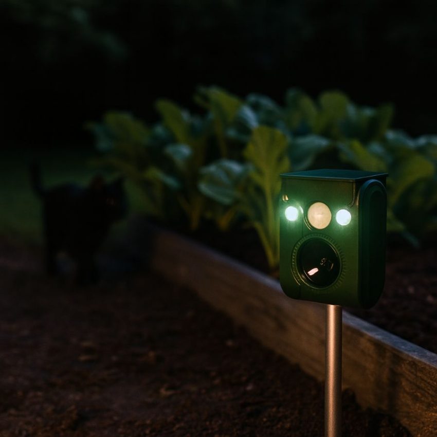 Solar ultrasonic animal repeller flashing near a raised bed at night, startling a roaming cat