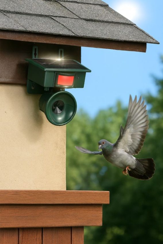 Solar ultrasonic bird deterrent mounted under an eave, facing a ledge where pigeons used to roost