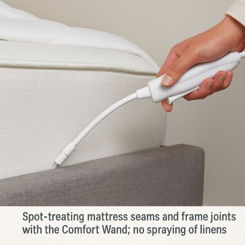 Spot-treating mattress seams and frame joints with the Comfort Wand; no spraying of linens