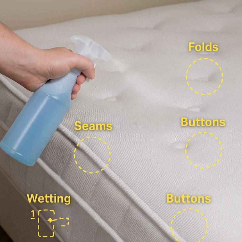 Spraying from roughly one foot away, wetting seams, folds, tufts, and buttons evenly