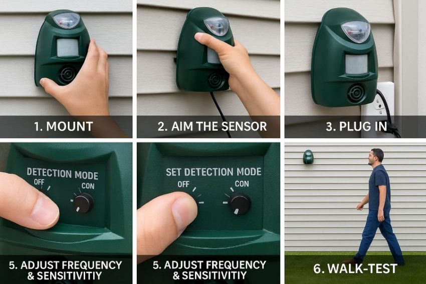 Step-by-step install of a motion-activated bird repeller, from mounting to walk-testing