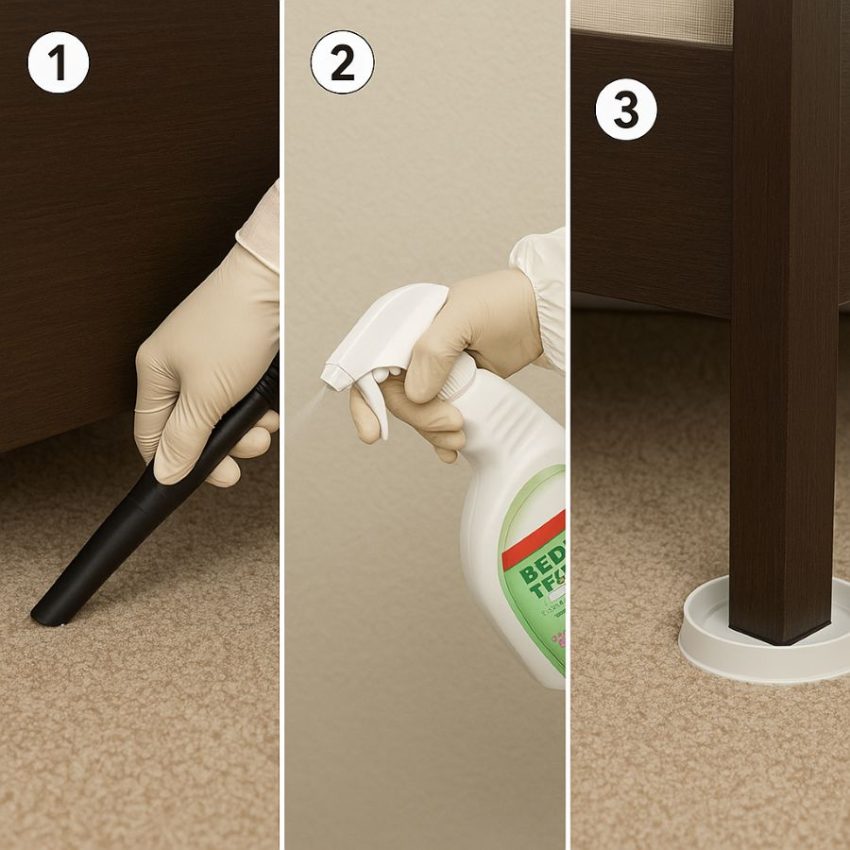 Step sequence, vacuuming, targeted crack and crevice spray, then interceptors under bed legs
