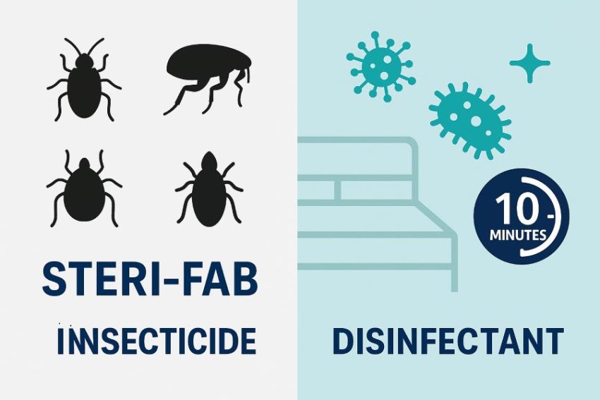 Steri-Fab positioned as both a contact insect killer and a hard surface disinfectant with a ten-minute wet time