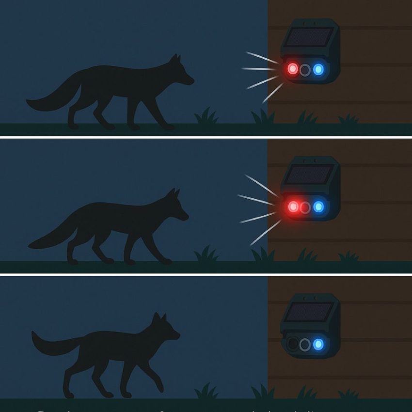 Storyboard of PIR motion triggering flashing ‘eyes’ and ultrasonic sound that startles an approaching animal