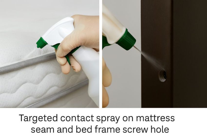 Targeted contact spray on mattress seam and bed frame screw hole
