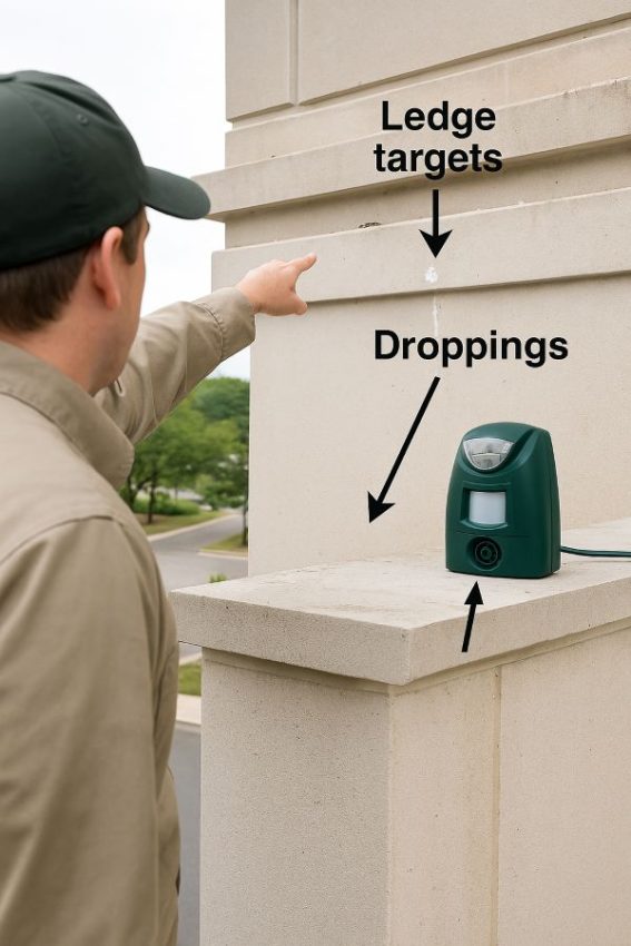 Technician mapping bird pressure, showing ledge targets, droppings and device aim