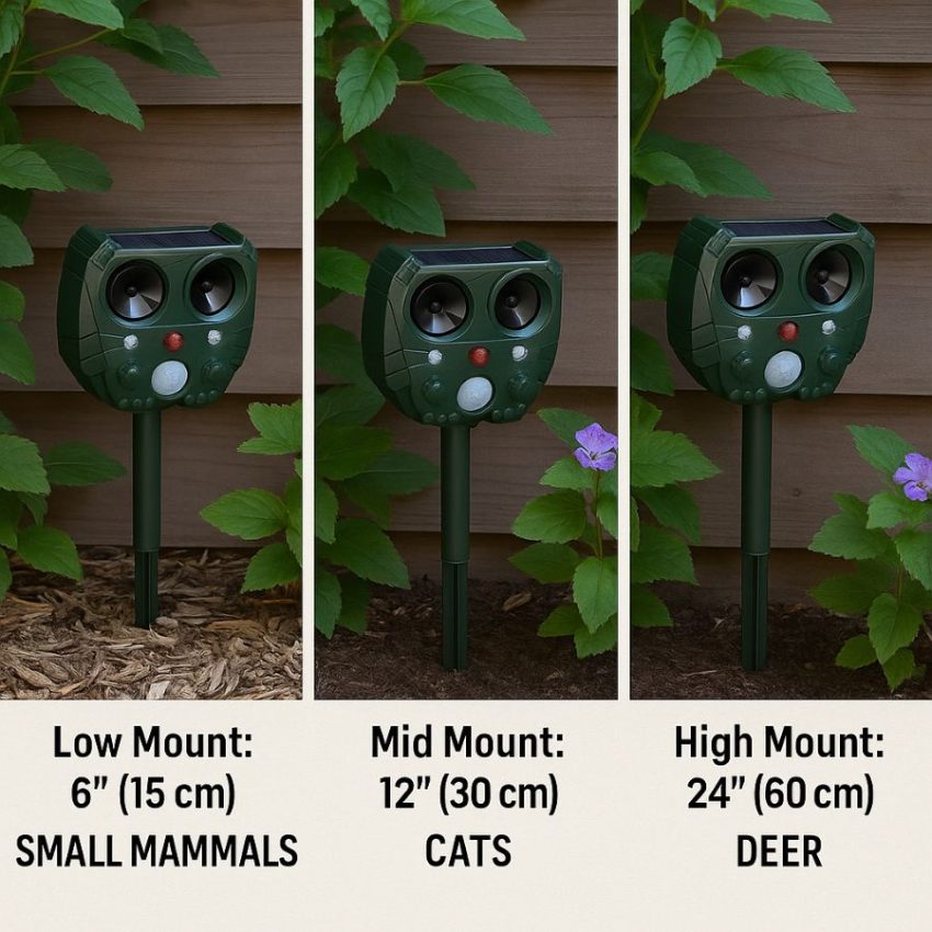 Three mounting heights for small mammals, cats, and deer with the sensor tilted slightly downward.