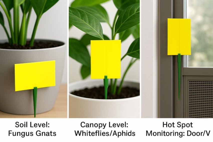 Three placements of yellow sticky traps, flat at soil for gnats, vertical above canopy for whiteflies, and near a greenhouse vent for early detection.