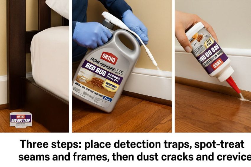 Three steps: place detection traps, spot-treat seams and frames, then dust cracks and crevices