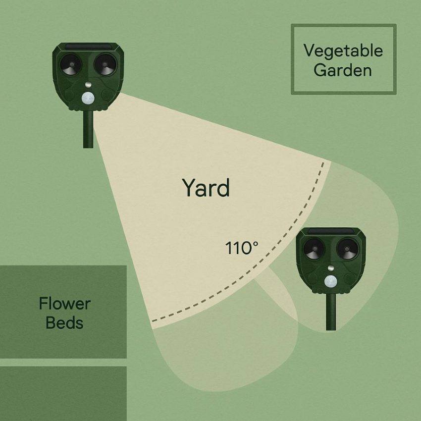 Top-down diagram showing PIR detection cone and overlapping zones from two units
