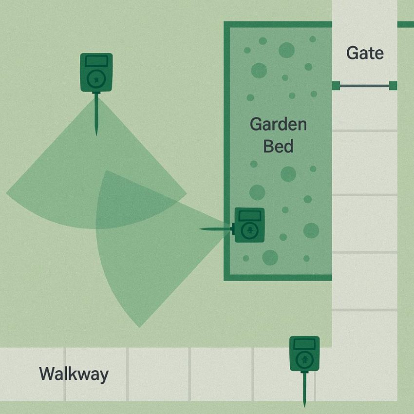 Top down yard plan with two ultrasonic repellers and overlapping detection arcs covering a gate and garden bed edge