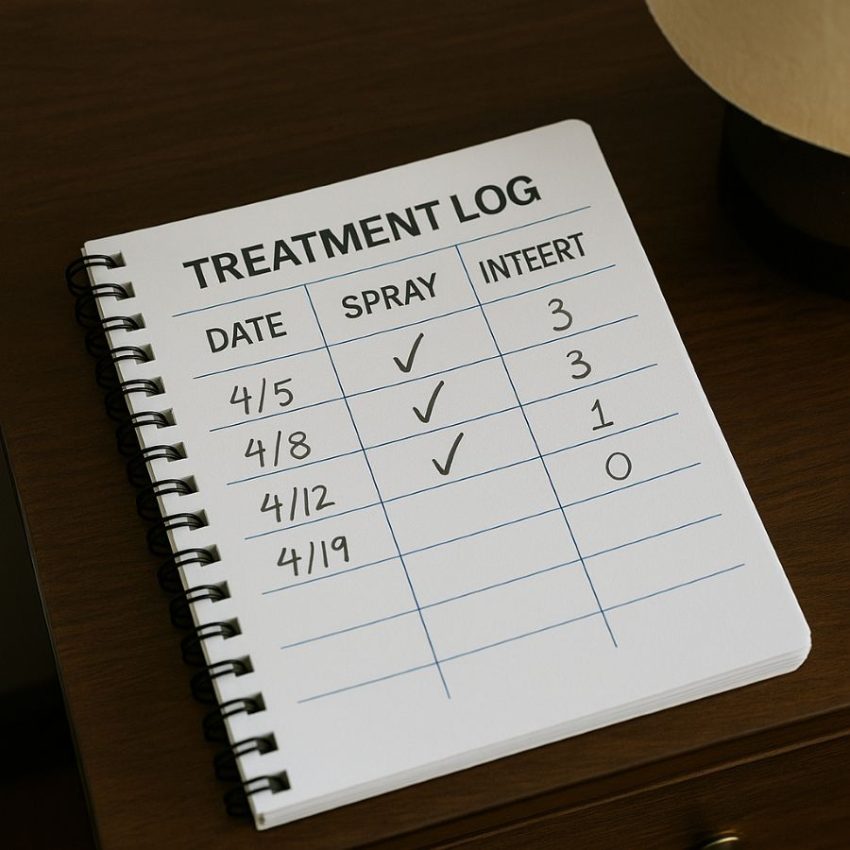 Treatment log tracking spray dates and interceptor counts over two weeks