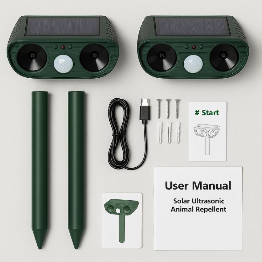 Two repeller heads, two ground stakes, USB charging cable, anchors, quick start card, and user manual arranged neatly.