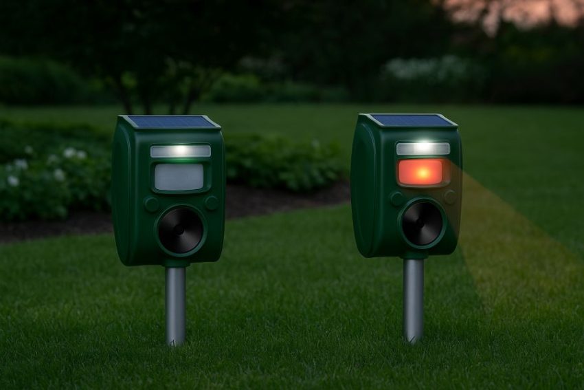 Two solar ultrasonic animal repellers staked in a lawn at dusk, deterrent light active, facing a garden bed