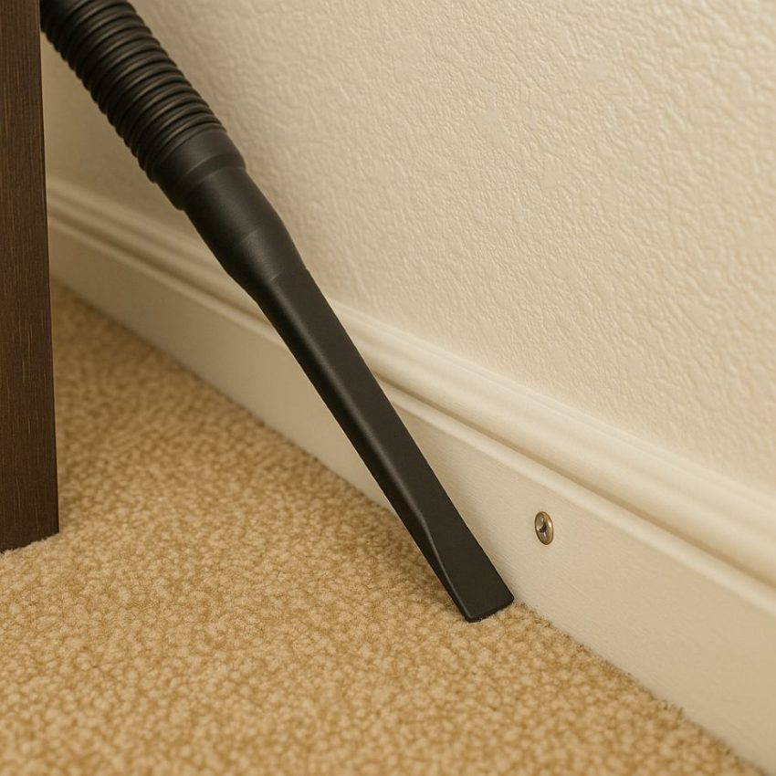 Vacuuming baseboard edges and screw holes with a crevice tool