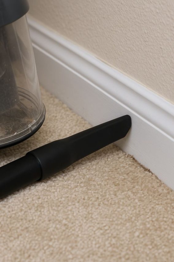 Vacuuming edges and seams to remove live bugs and debris.
