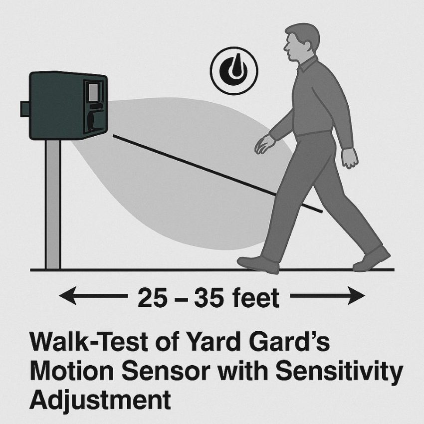 Walk-test of Yard Gard’s motion sensor with sensitivity adjustment at 25 to 35 feet.