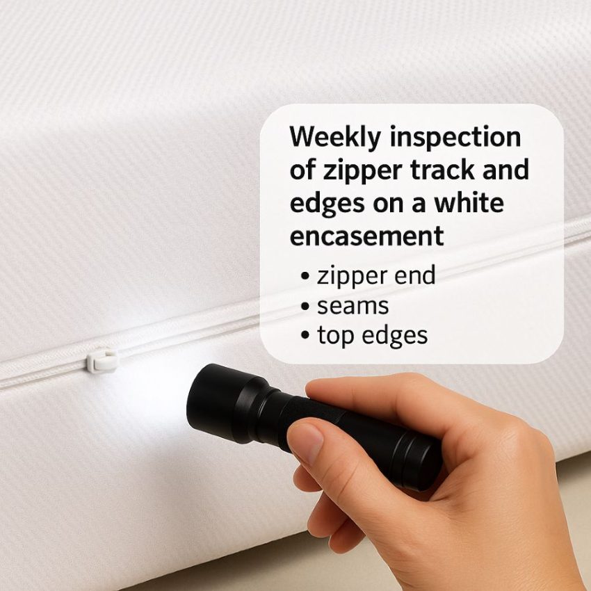 Weekly inspection of zipper track and edges on a white encasement.