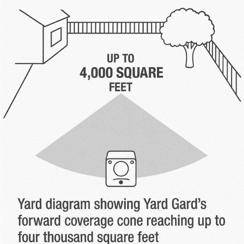 Yard diagram showing Yard Gard’s forward coverage cone reaching up to four thousand square feet.