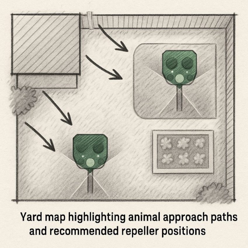 Yard map highlighting animal approach paths and recommended repeller positions