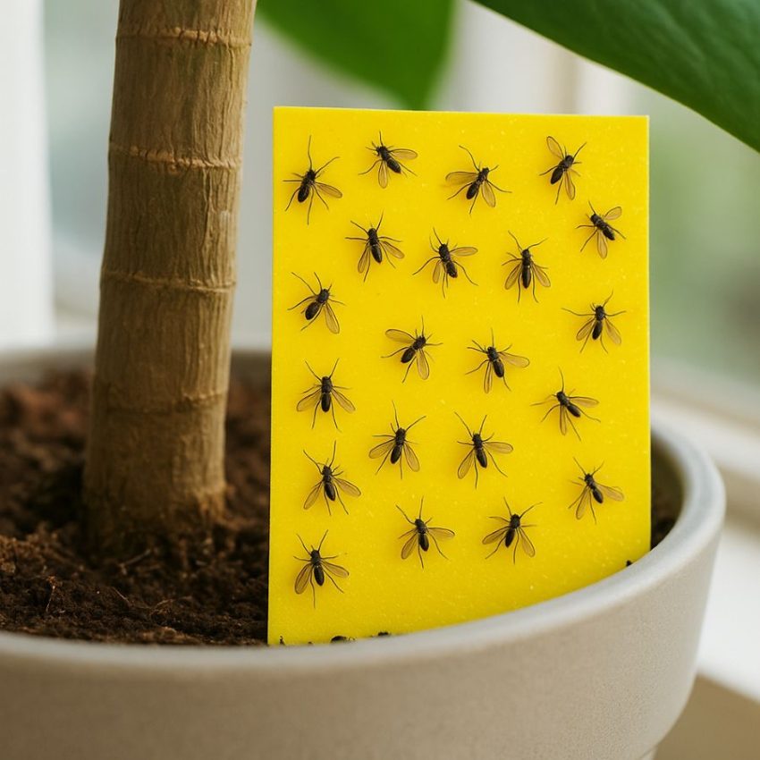 a yellow sticky card capturing fungus gnats beside a potted plant stem.