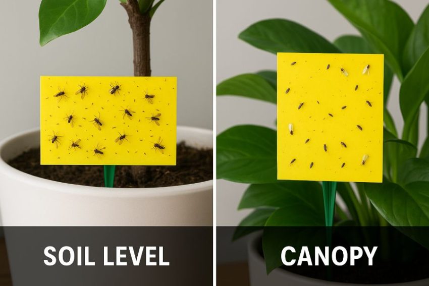 Side-by-side: horizontal sticky card at pot rim for fungus gnats and vertical card above foliage for whiteflies and thrips.