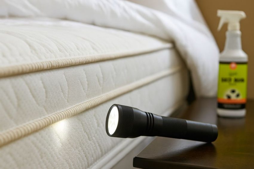 mattress seam and tape edge with a flashlight, the key spot bed bugs hide.